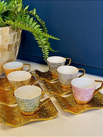 Jogo Xícara Turca - Conjunto 6 lugares - Colorido e Dourado