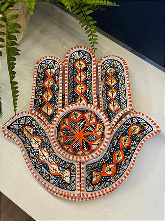 Petisqueira com Prato - Cerâmica - Tunísia - Hamsa - Pintado à mão - Laranja e Colorido
