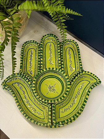 Petisqueira com Prato - Cerâmica - Tunísia - Hamsa - Pintado à mão - Verde