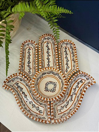 Petisqueira com Prato - Cerâmica - Tunísia - Hamsa - Pintado à mão - Bege e Caramelo