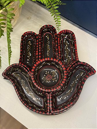 Petisqueira com Prato - Cerâmica - Tunísia - Hamsa - Pintado à mão - Preto e Vermelho