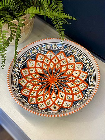 Prato - Cerâmica - Tunísia - Centro de Mesa - Pintado à mão - Laranja e Colorido