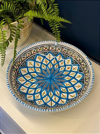 Prato - Cerâmica - Tunísia - Centro de Mesa - Pintado à mão - Azul e Colorido