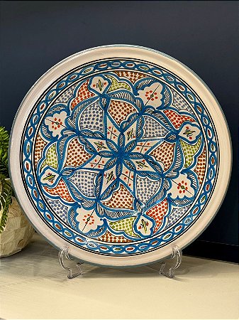 Prato - Cerâmica - Tunísia - Centro de Mesa - Pintado à mão - Azul Claro e Colorido