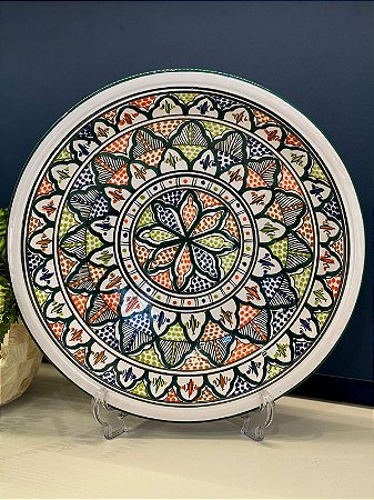 Prato - Cerâmica - Tunísia - Centro de Mesa - Pintado à mão - Verde Escuro e Colorido