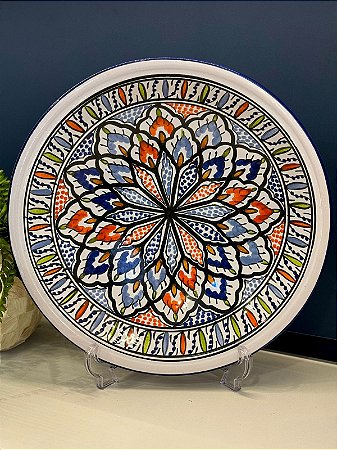 Prato - Cerâmica - Tunísia - Centro de Mesa - Pintado à mão - Azul Escuro e Colorido