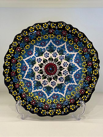 Prato de Parede Grande - Turquia - Decorativo - Cerâmica - Alto Relevo - Preto e Azul