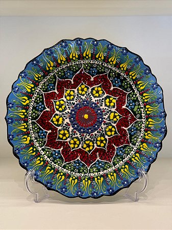 Prato de Parede Grande - Turquia - Decorativo - Cerâmica - Alto Relevo - Azul e Verde