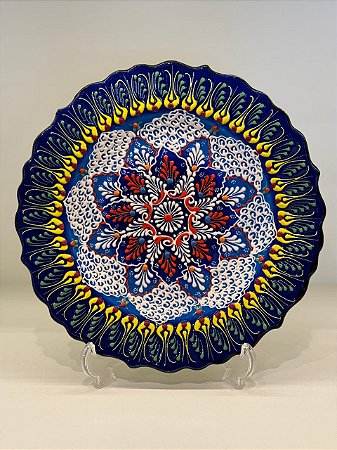 Prato de Parede Medio - Turquia - Decorativo - Cerâmica - Alto Relevo - Azul