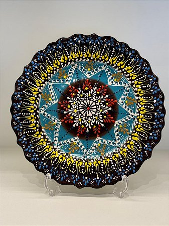Prato de Parede Medio - Turquia - Decorativo - Cerâmica - Alto Relevo - Marrom e Turquesa