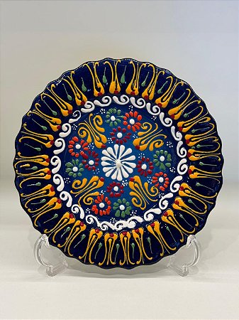 Prato de Parede Pequeno - Turquia - Decorativo - Cerâmica - Alto Relevo - Azul