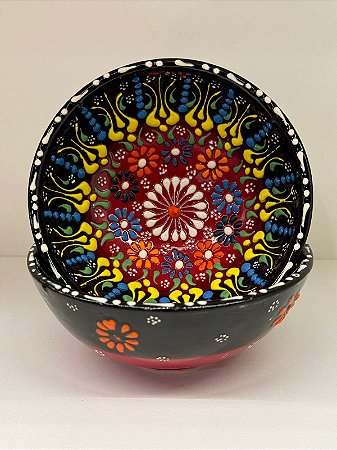 Bowl - Cerâmica - Turquia - Tamanho Médio - Alto Relevo - Preto e Vermelho