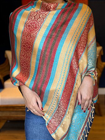 Pashmina de Viscose - Amarelo, Azul e Vermelho