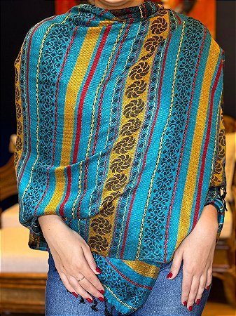 Pashmina de Viscose - Azul, Amarelo e Vermelho