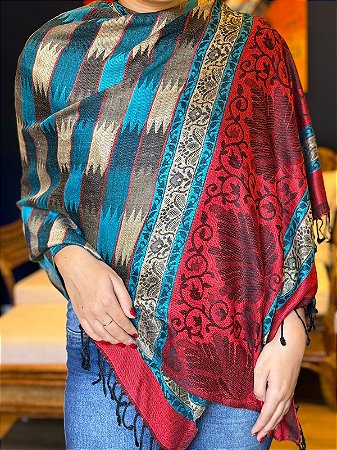 Pashmina de Viscose - Vermelho, Azul e Bege