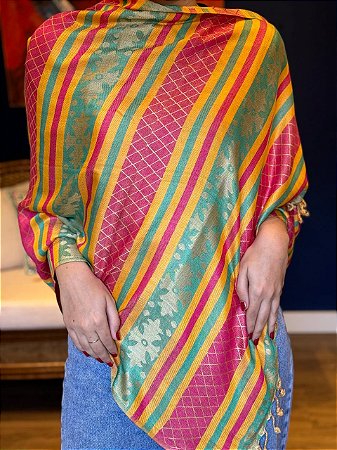 Pashmina de Viscose - Rosa, Amarelo e Verde