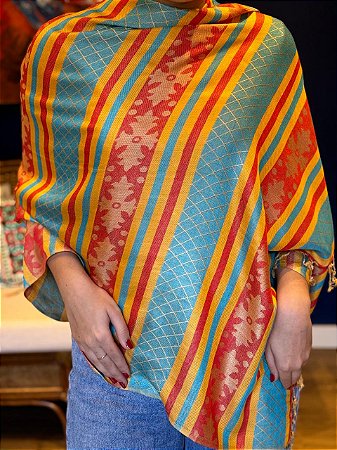 Pashmina de Viscose - Vermelho, Amarelo e Azul
