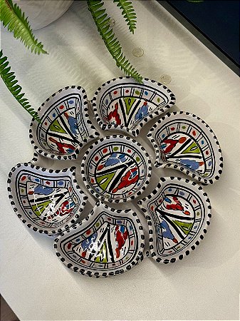 Petisqueira com Prato - Cerâmica - Tunísia - Hamsa - Pintado à mão - Pequeno - Preto e Colorido