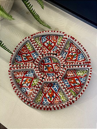 Petisqueira com Prato - Cerâmica - Tunísia - Hamsa - Pintado à mão - Pequeno - Vermelho e Colorido