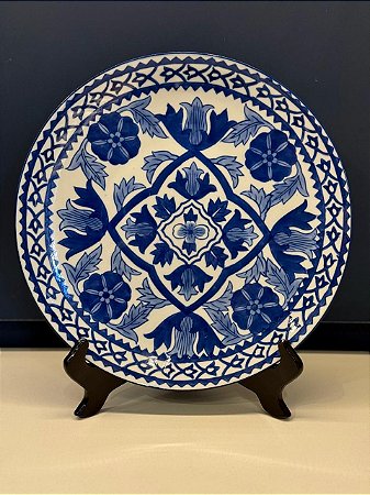 Prato Decorativo - Cerâmica - Azul e Branco - Grande