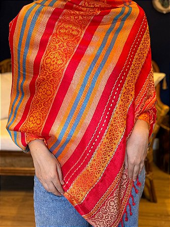 Pashmina de Viscose - Vermelho, Azul e Laranja