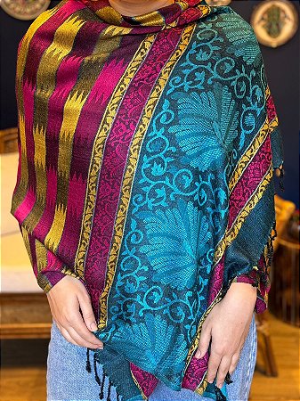 Pashmina de Viscose - Azul, Amarelo e Roxo