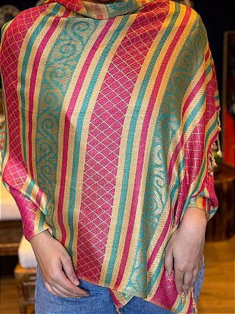 Pashmina de Viscose - Azul, Amarelo e Rosa