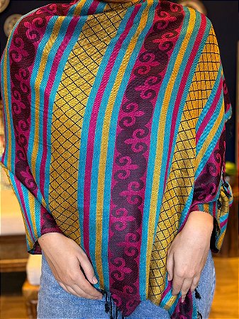 Pashmina de Viscose - Amarelo, Azul e Rosa