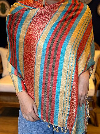 Pashmina de Viscose - Amarelo, Azul e Laranja