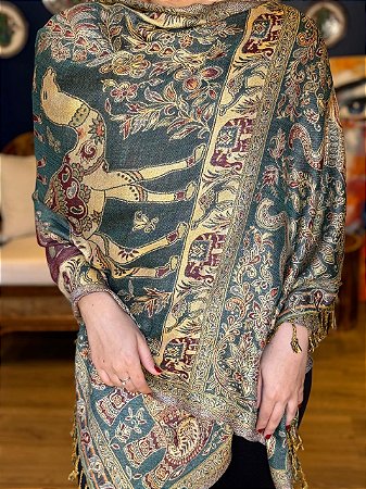 Pashmina de Viscose - Estampada - Dupla Face - Verde, Vinho e Bege