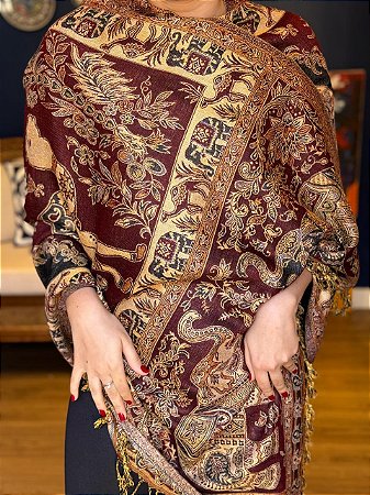 Pashmina de Viscose - Estampada - Dupla Face -  Preto, Vinho e Bege