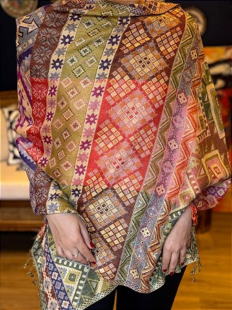 Pashmina de Viscose - Estampada - Dupla Face - Marrom, Vermelho, Roxo, Verde