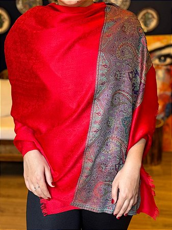 Pashmina de Viscose - Estampada -  Vermelho, Roxo e Verde