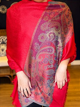 Pashmina de Viscose - Estampada - Vermelho, Verde, Roxo