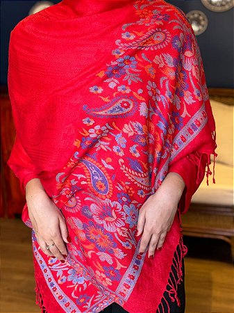 Pashmina de Viscose - Estampada - Vermelho, Azul, Roxo e Amarelo
