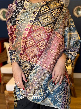 Pashmina de Viscose - Estampada - Dupla Face - Roxo, Azul, Preto e Vinho