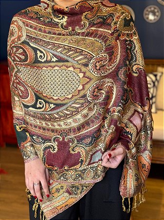 Pashmina de Viscose - Estampada - Dupla Face - Vinho, Verde e Laranja