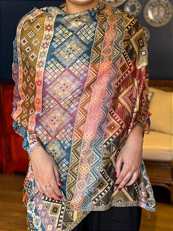 Pashmina de Viscose - Estampada - Dupla Face - Rosa, Roxo, Preto e Azul