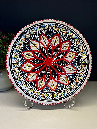 Prato de Parede Médio - Tunísia - Decorativo - Cerâmica - Pintado à mão - Vermelho e Colorido