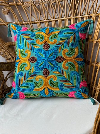 Capa de Almofada Bordada Tassel 45x45 Azul