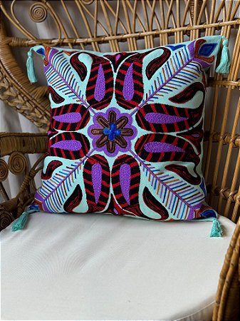 Capa de Almofada Bordada Tassel 45x45 Turquesa