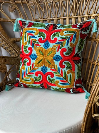 Capa de Almofada Bordada Tassel 45x45 Turquesa