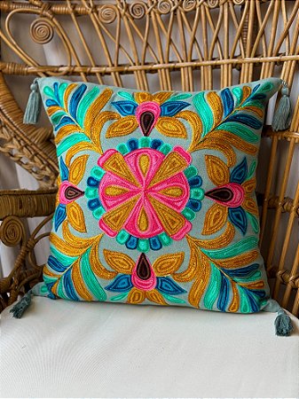 Capa de Almofada Bordada Tassel 45x45 Azul Claro