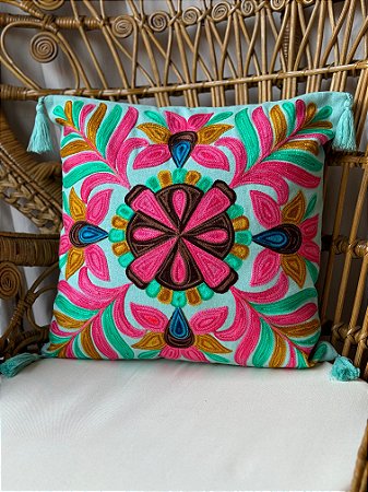 Capa de Almofada Bordada Tassel 45x45 Turquesa