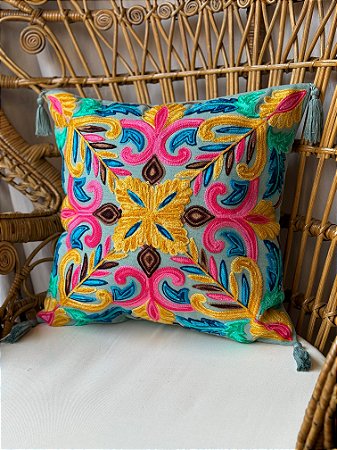 Capa de Almofada Bordada Tassel 45x45 Azul Claro