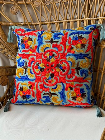 Capa de Almofada Bordada Tassel 45x45 Azul Claro
