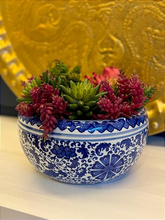 Cachepot em Cerâmica - Azul e Branco - 23CM
