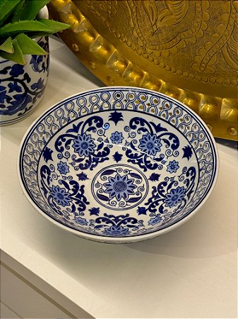 Saladeira - Cerâmica - Azul e Branco - M