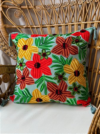 Capa de Almofada Bordada Tassel 45x45 Azul Claro