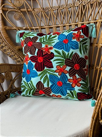 Capa de Almofada Bordada Tassel 45x45 Turquesa